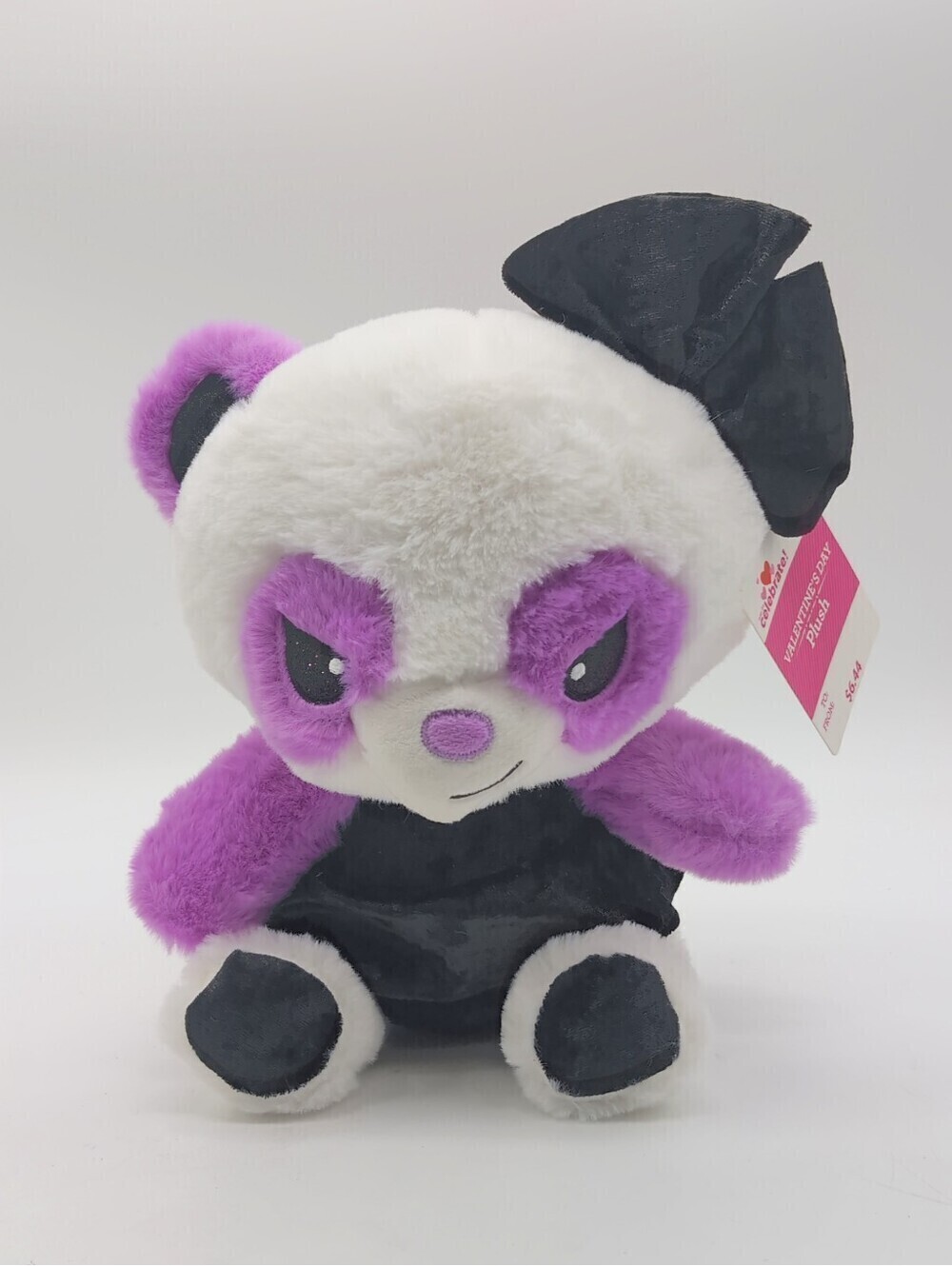 Valentine Purple, Black and White Plush Panda with Black Bow Accent NWT